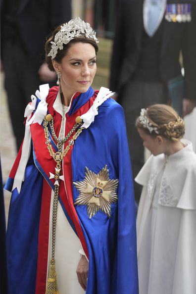 Princess of Wales, Kate Middleton, arrives for the Coronation of King Charles III, in London, Saturday, May 6 2023. King Charles III and Camila the Queen Consort, members of the Royal family and VIP's gathered at Westminster Abbey for the Coronation service. (Dan Charity/pool photo via AP)