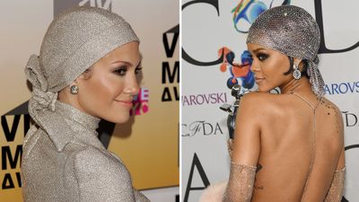 Rihanna’s naked dress of 2014 wouldn’t
have been the same without the beaded scarf that adorned her head. The look was
very reminiscent of J-Lo’s headpiece at the
2006 MTV Video Music Awards.