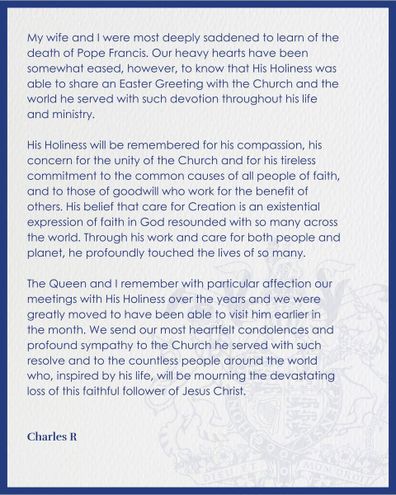 King Charles' statement on Pope Francis' death