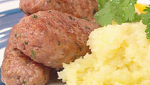 Homemade pink peppercorn sausages with skordalia