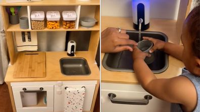 Left: refurbished fully functioning IKEA toy kitchen, Right: Baby drinking from tap in IKEA toy kitchen.