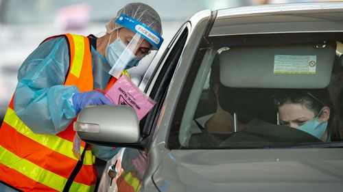 People have COVID-19 tests at the Shepparton Sports Precinct in October 2020.