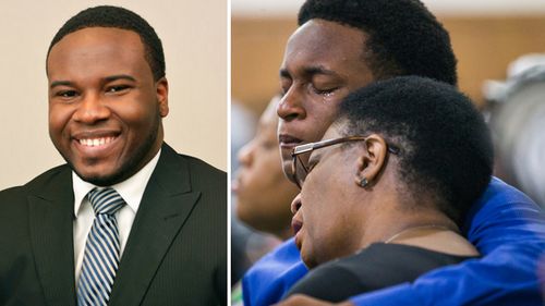 Botham Jean (left) was shot and killed by a neighbour after she said she mistook his apartment for her own. Allison Jean and her son Grant, 15, mourn Botham Jean, Allison's son and Grant's brother during a 2018 prayer service for Jean at the Dallas West Church of Christ in Dallas.