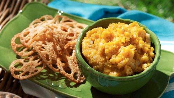 Lotus crisps with roast pumpkin, cashew & parmesan dip