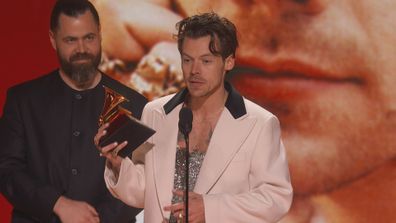 Harry Styles accepts first award of the 2023 Grammy Awards.