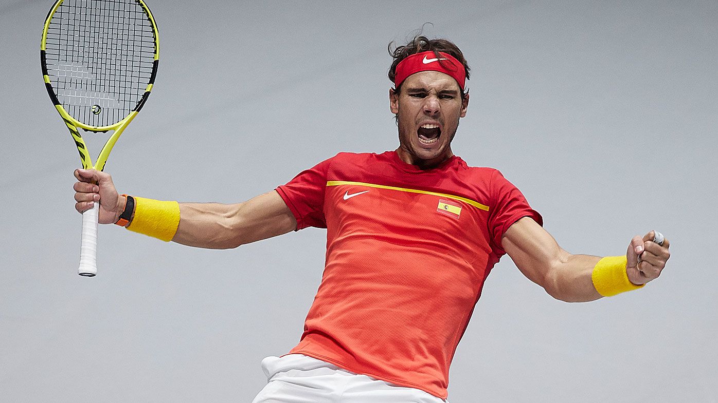 Rafael Nadal celebrates Spain progressing to the Davis Cup semi-finals