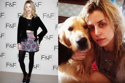 Left: At the F and F Autumn/Winter 2014 fashion show in London.<br/><br/>Right: One of her final Instagram shots with pet golden retriever Parpy.<br/><br/>Rest in peace, Peaches.