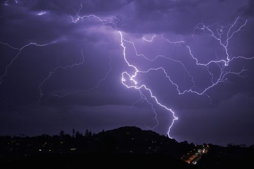 Lightning flashes across the sky as seen from Newport on Sydney's northern beaches.