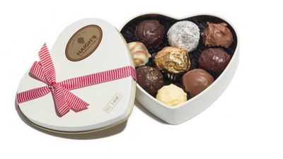 <p>Haigh's assorted truffles in classic heart shaped tin - 140g RRP $27.50<br />
<a href="https://www.haighschocolates.com.au/dark-champage-truffle-valentines" target="_top">Haigh's Chocolates</a></p>