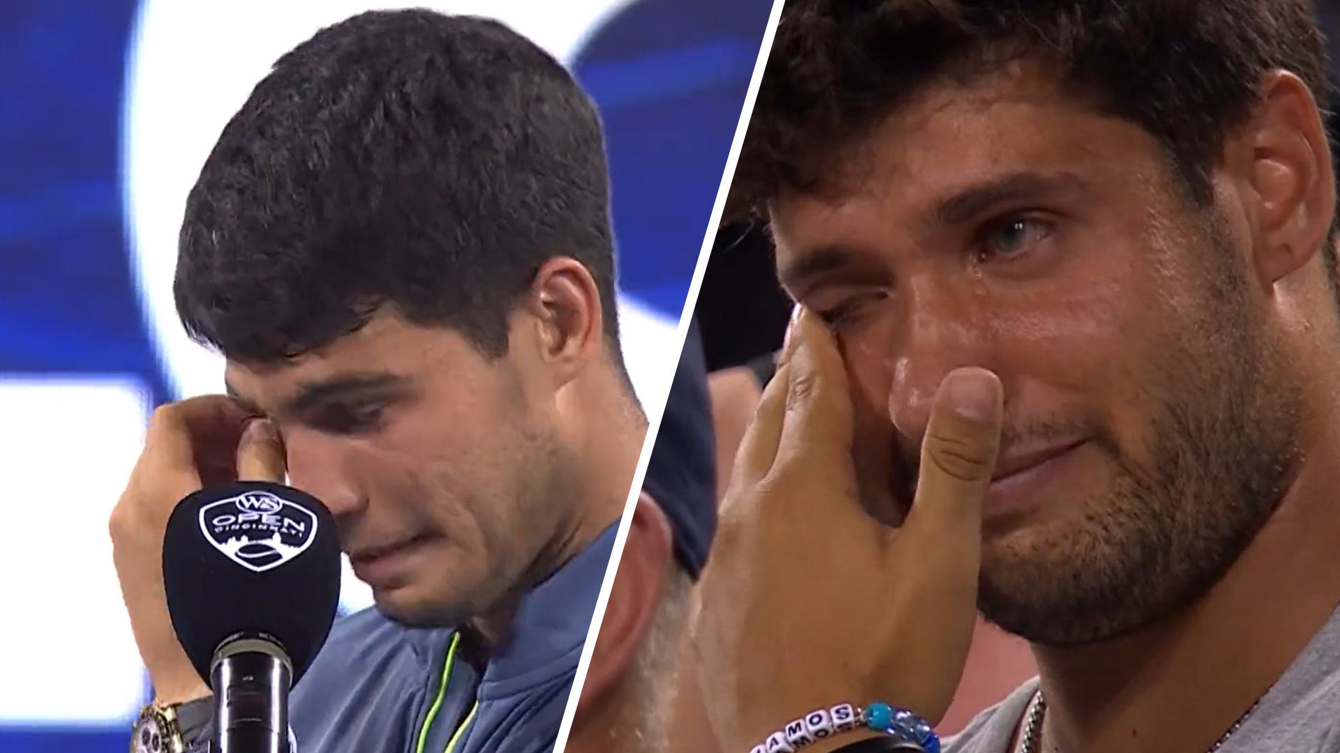 Carlos Alcaraz and older brother Alvaro wipe away tears.
