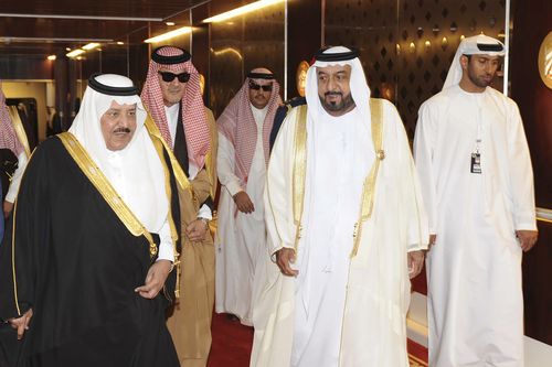 In this image made available by Emirates News Agency, WAM, UAE President Sheikh Khalifa bin Zayed Al Nahyan, 2nd right, walks with Saudi Arabia's Prince Nayef bin Abdul Aziz, 3rd left, and Saudi Foreign Minister Prince Saud Al Faisal, 4th left, during the 31st Gulf Cooperation Council, GCC summit in Abu Dhabi, Monday, Dec. 6, 2010. 