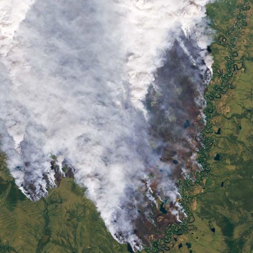 Satellite image shows a large fire burning in Sakha, a region of northern Russia located along the Arctic Ocean, on July 10, 2024.