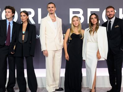 LONDON, ENGLAND - OCTOBER 08: (L-R) Cruz Beckham, Jackie Apostel, Romeo Beckham, Harper Beckham, Victoria Beckham and David Beckham attend the "Victoria Beckham" World Premiere at the Curzon Mayfair on October 08, 2025 in London, England. (Photo by Karwai Tang/WireImage)