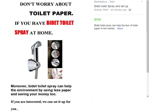 Some building and plumbing services have advertised bidet and toilet hose installation to overcome "the lack of toilet paper on the market". 