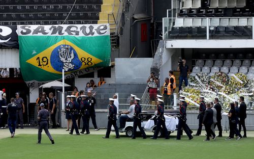 The coffin of Brazilian football legend Pelé leaves Vila Belmiro stadium  on January 03, 2023 in Santos, Brazil. Brazilian football icon Edson Arantes do Nascimento, better known as Pele, died on December 29, 2022 aged 82 after a battle with cancer in Sao Paulo, Brazil.  