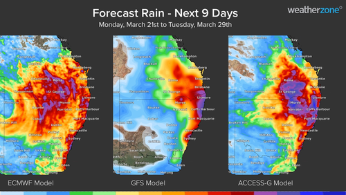 Forecast accumulated rain during the next nine days according to the ECMWF-HRES (left), GFS (centre) and ACCESS-G (right) models.