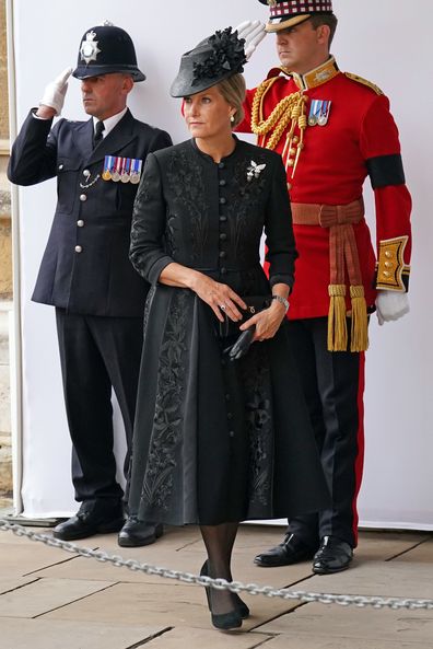 WINDSOR, ENGLAND - SEPTEMBER 19: Sophie, Countess of Wessex arrives at the Committal Service for Queen Elizabeth II held at St George's Chapel in Windsor Castle on September 19, 2022 in Windsor, England. The committal service at St George's Chapel, Windsor Castle, took place following the state funeral at Westminster Abbey. A private burial in The King George VI Memorial Chapel followed. Queen Elizabeth II died at Balmoral Castle in Scotland on September 8, 2022, and is succeeded by her eldest s