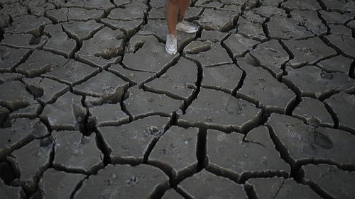 Misha McBride stands on cracked earth that was once underwater near Lake Mead at the Lake Mead National Recreation Area, Monday, May 9, 2022, near Boulder City, Nev. (AP Photo/John Locher)