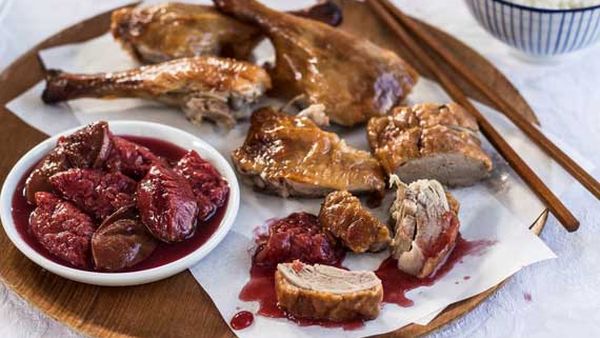 Roast duck with plum compote