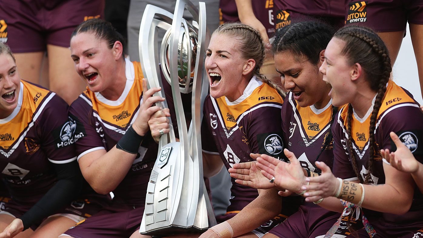 The Broncos pose with the trophy after winning the 2019 NRLW Grand Final 