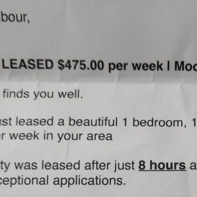 "Predatory" letter drop by real estate agent horrifies battling tenants