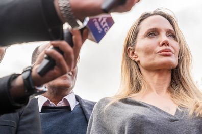 Angelina Jolie at the Rafah border crossing between Egypt and the Gaza Strip. **This image is for use with this specific article only**