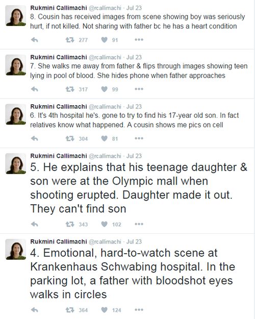Tweets from The New York Times reporter, Rukmini Callimachi, who was at Schwabing Hospital with Mr Souleyman Daitzik and his family as they searched for Hussein.