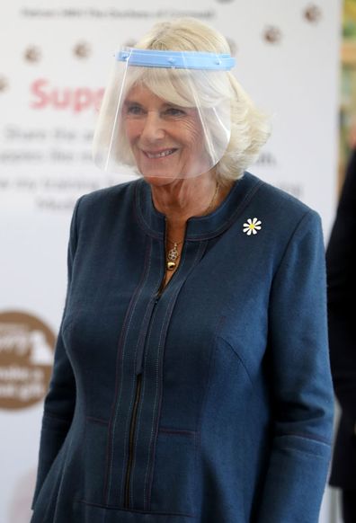 Camilla, Duchess of Cornwall, Patron of Medical Detection Dogs, wears a visor during a visit to the charity's training centre where trials are currently underway to determine whether dogs can act as a diagnostic tool of COVID-19 on September 09, 2020 in Milton Keynes, England