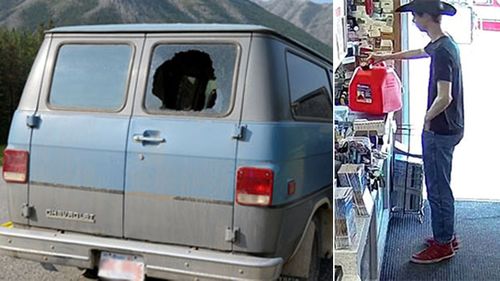 New photos released by Canadian police show Lucas Fowler and Chynna Deese's damaged van (left) and killer Bryer Schmegelsky (right) buying a jerry can of fuel.