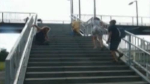 A video has emerged showing disabled and frail people struggling to climb the Unanderra station steps in Wollongong. (Supplied)