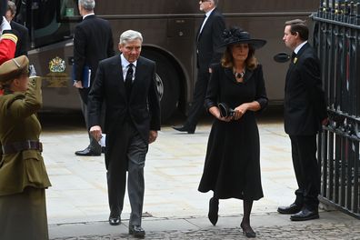Michael and Carole Middleton arrive for the funeral service of Queen Elizabeth II at Westminster Abbey in central London, Monday Sept. 19, 2022. 