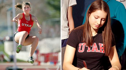 Lauren McCluskey (left) competes during the Utah Track and Field Spring Classic in Salt lake City. In 2014 (right), then Pullman High School senior McCluskey signs a letter of intent to compete in track for the University of Utah.