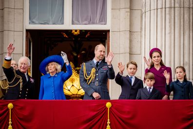 King Charles III, Queen Camilla, the Prince of Wales, Prince George, the Princess of Wales, Prince Louis and Princess Charlotte on the balcony of Buckingham Palace, London, to view the fly past featuring the Royal Air Force's Red Arrows and current and historic military aircraft, at the end of the military procession marking the 80th anniversary of VE Day, and in honour of those who served during the Second World War. Monday May 5, 2025. 