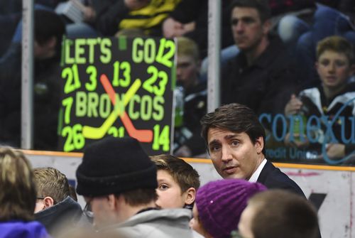 Canadian Prime Minister Justin Trudeau attends a vigil at the Elgar Petersen Arena.