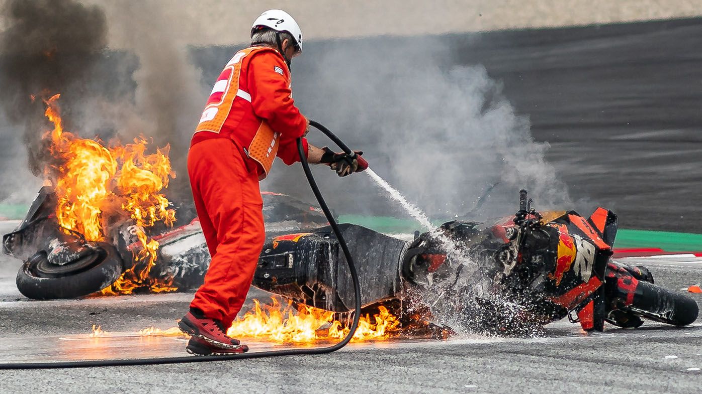 Bikes explode in flames after huge MotoGP crash