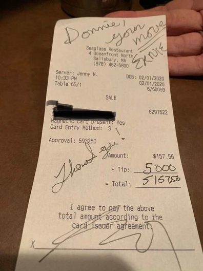 Receipt for $5000 tip at Seaglass restaurant