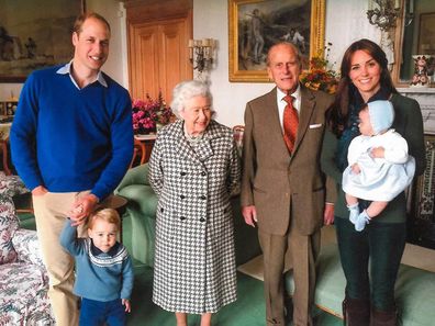 Prince William and Kate Middleton with their two eldest children, plus the Queen and Prince Philip