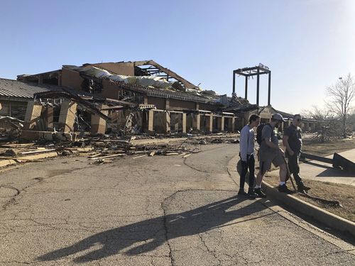 Wynne High school is damaged from Friday's severe weather in Wynne, Ark., on Saturday, April 1, 2023.