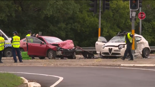 The allegedly stolen car crashed into an Alfa Romeo on the Old Hume Highway in Camden South
