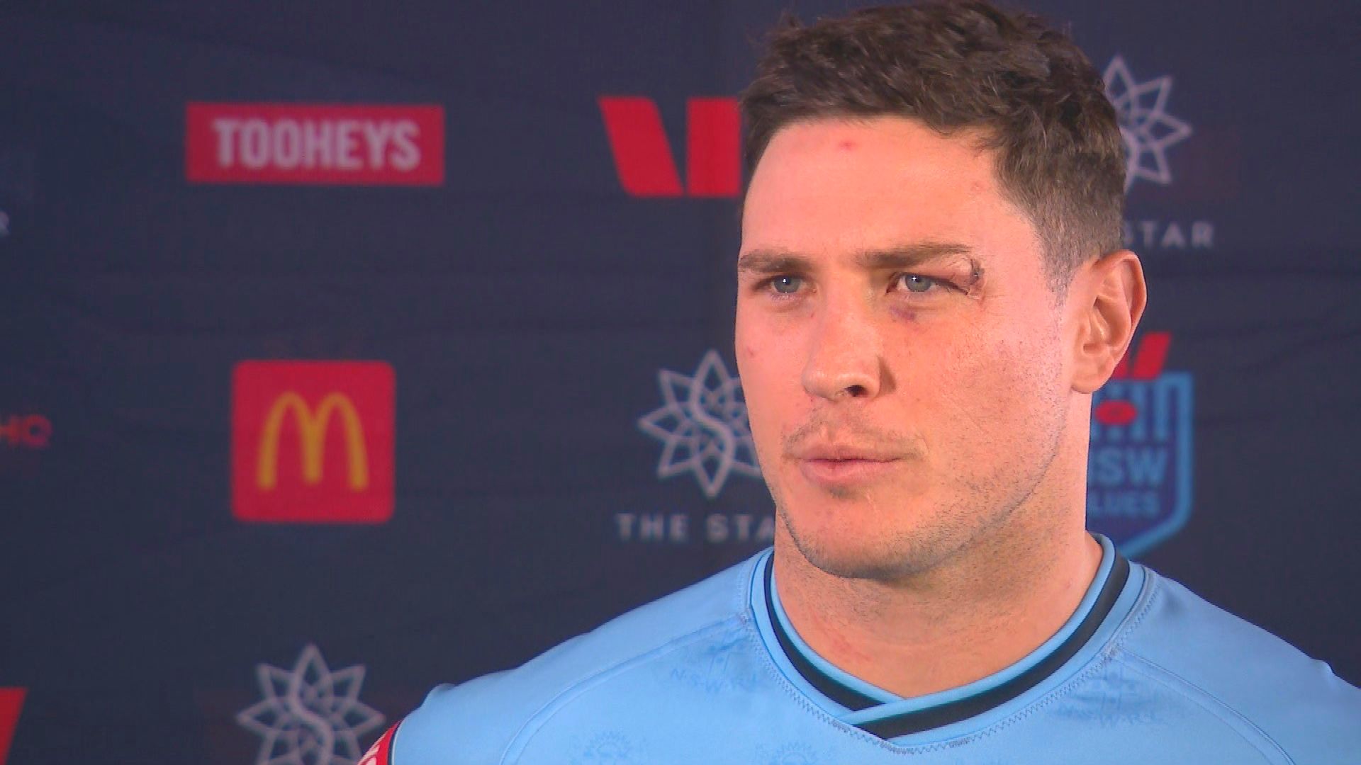 Mitchell Moses speaking at a NSW Blues media event in Coogee.
