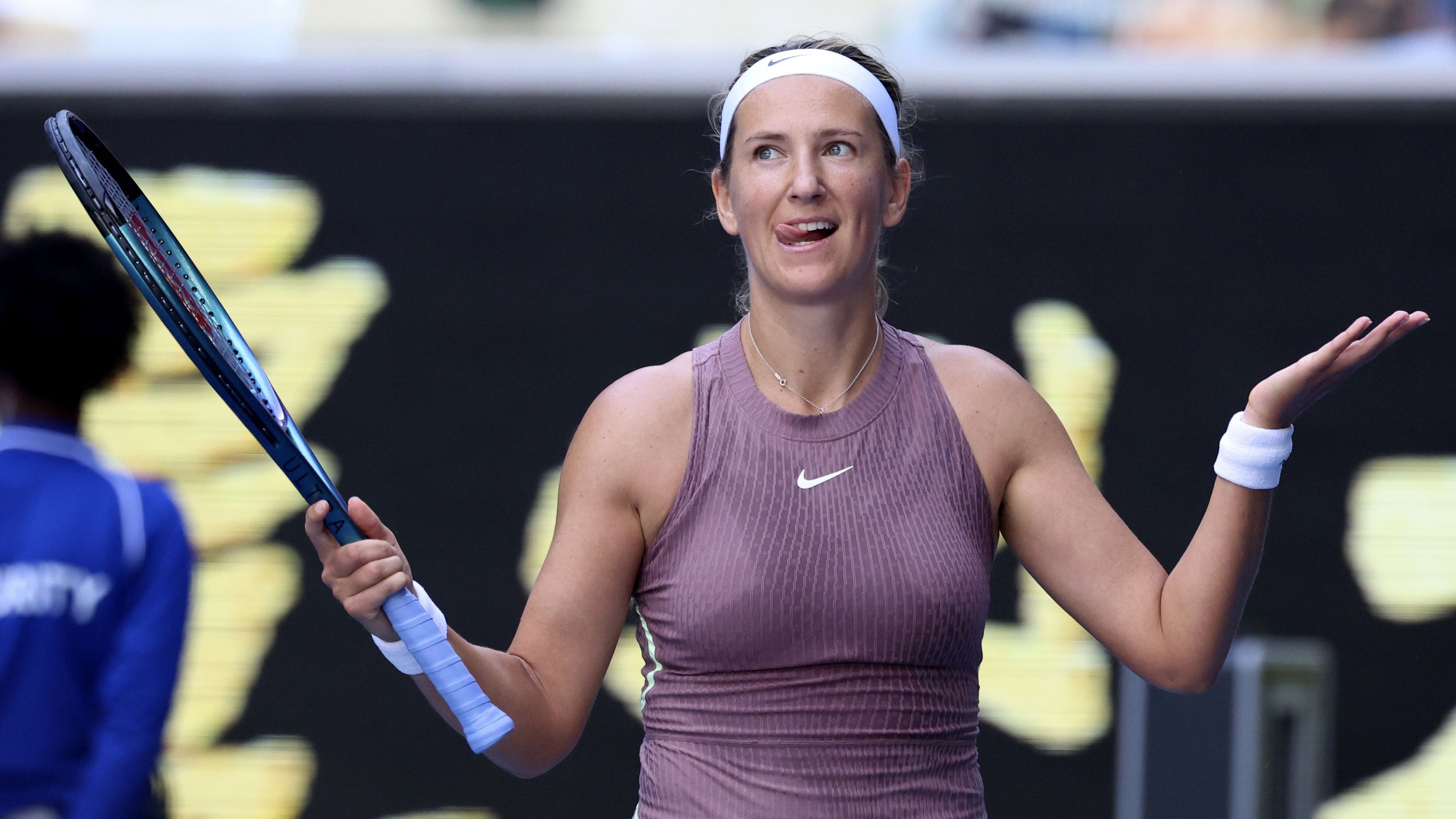 Victoria Azarenka of Belarus reacts after defeating Jelena Ostapenko of Latvia in their third round match at the Australian Open.