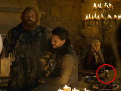 A scene from season eight, episode four of Game of Thrones where a modern coffee cup is visible.
