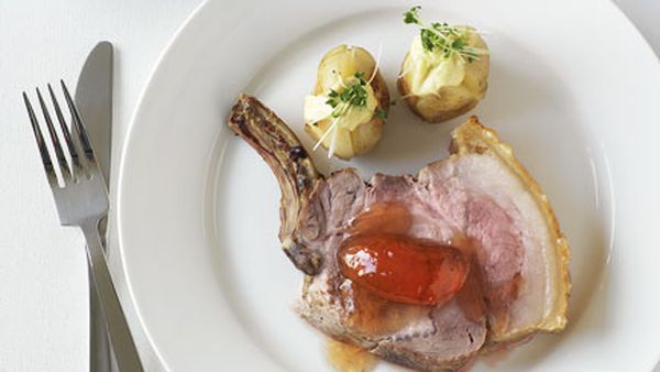 Standing pork roast with peach and rosemary jelly