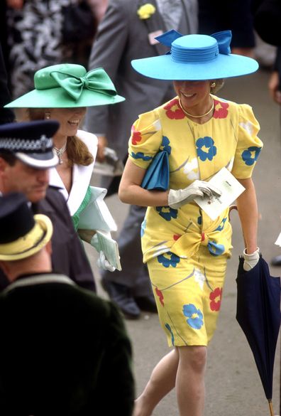 Princess Diana The Princess of Wales and the Duchess of York in the Royal Enclosure at an Ascot race meeting, June 1987.  (Photo by Lucy Levenson/Getty Images)