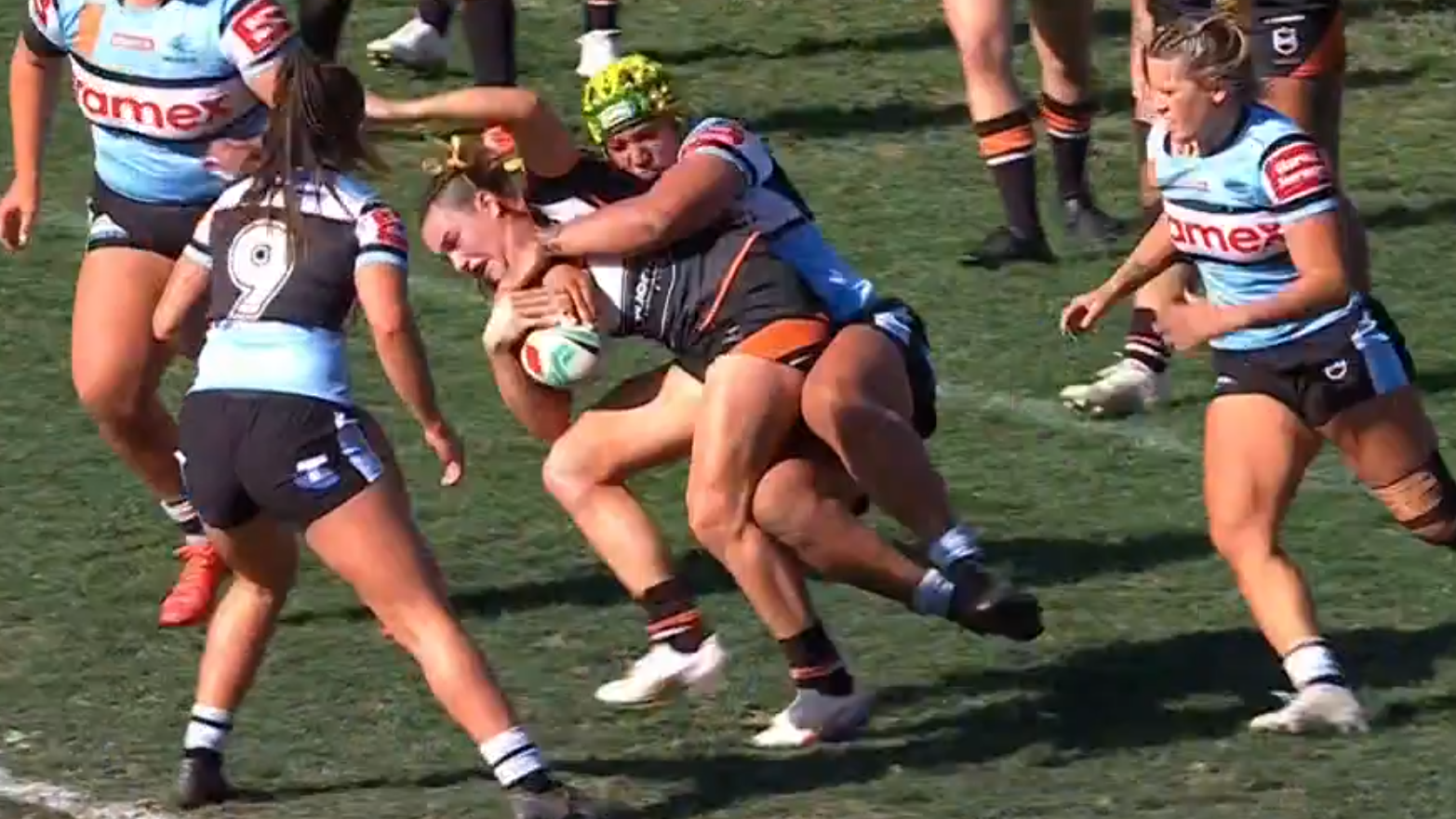 Sharks prop Harata Butler has been offered a one-match ban for this hip drop tackle on Tigers winger. Jakiya Whitfeld.