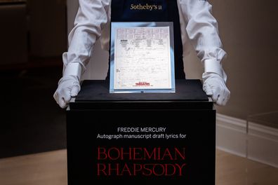 Handwritten lyrics to Bohemian Rhapsody owned by Freddie Mercury on display at Sotheby's on August 03, 2023 in London, England. 