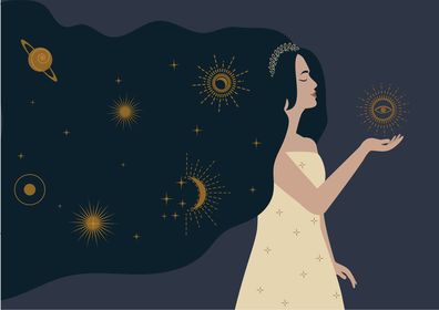 Mysterious woman Vector Space illustration. Flat style Female character. Astrology, spiritual elements in hair. Celestial cosmic design