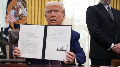 WASHINGTON, DC - FEBRUARY 13: U.S. President Donald Trump delivers remarks after signing an executive order on reciprocal tariffs in the Oval Office at the White House on February 13, 2025 in Washington, DC. Trump announced his plan to increase U.S. tariffs to match the rates other nations charge to import American goods. (Photo by Andrew Harnik/Getty Images)