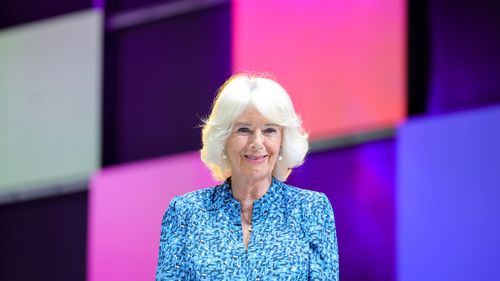 Camilla, Duchess of Cornwall during a visit to BBC Waless new Headquarters on July 05, 2022 in Cardiff, Wales. 