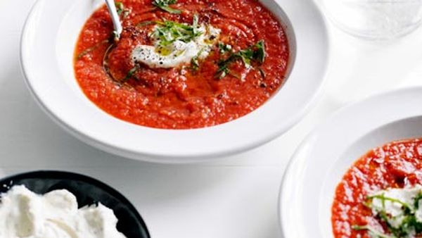 Chilled spiced tomato soup with Middle Eastern herbs and labne